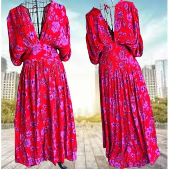 Band of Gypsies Hi Low Dress Small Red Pink Flowers Stretch Waist Festive READ - Picture 2 of 12